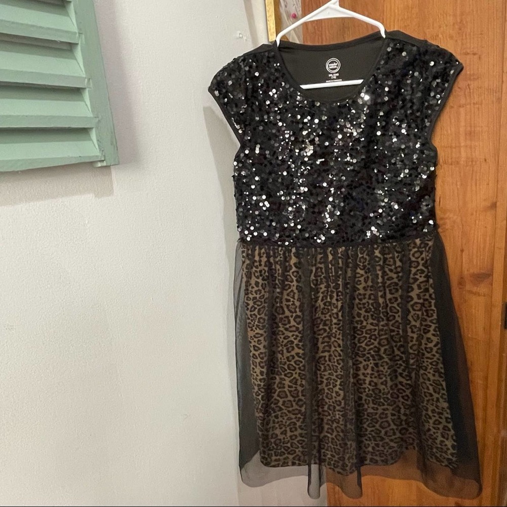 Wonder Nation Girls black dress with sequins, tulle & animal print lining
